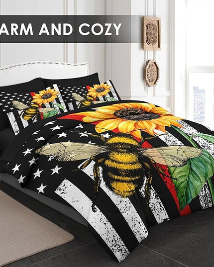 Comforter Set Twin Size, Honey Bee Vintage 5 Pcs Bedding for Kids and Adults, Sunflower Flower Sun Bed Sheet Sets with Fitted Sheet Pillowcase & Sham for Bedroom Bed Decor