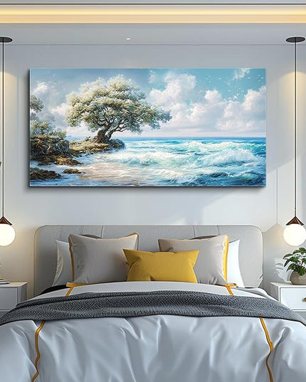XIGUANGART Large Blue Coastal Wall Art for Living Room Wall Decor for Bedroom Beach Sunset Ocean Waves Nature Seascape Pictures Trees on Rock Scenery Canvas Print Artwork Painting for Bathroom Office