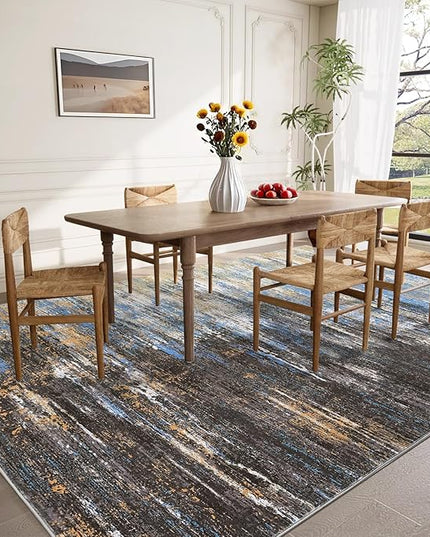 Modern Abstract Living Room Rug 8x10, Washable Area Rugs for Bedroom, Stain Resistant Non Slip Large Rug, Soft Indoor Carpet for Dining Room Table Home Decor, Blue/Brown