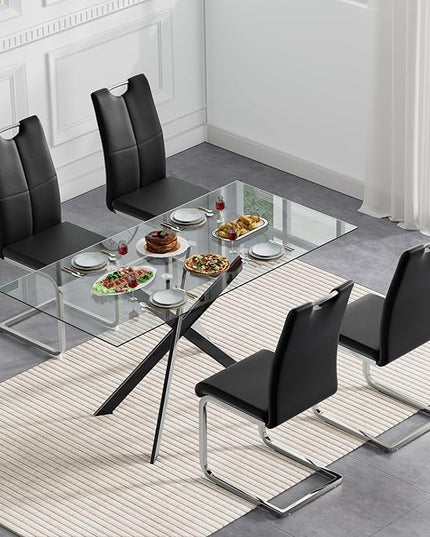 5 Piece Glass Dining Table Set, Glass Kitchen Dining Room Table Set for 4, 61" Modern Rectangular Black Glass Metal Dining Table with 4 Black PU Leather Dining Chairs for Kitchen Dining Room