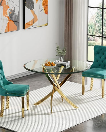 HomVent Round Glass Dining Table Set for 2, Modern Tempered Glass Kitchen Table Set and Chairs, Round Glass Dining Room Table Set for Kitchen (Gold, 36 inch Gold Table with 2 Green Chairs)
