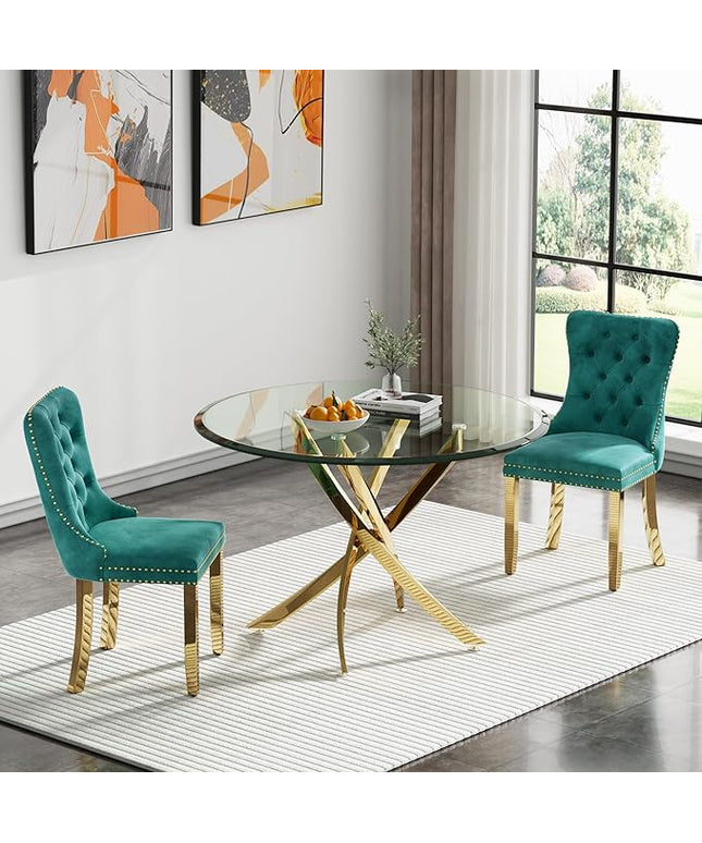HomVent Round Glass Dining Table Set for 2, Modern Tempered Glass Kitchen Table Set and Chairs, Round Glass Dining Room Table Set for Kitchen (Gold, 36 inch Gold Table with 2 Green Chairs)