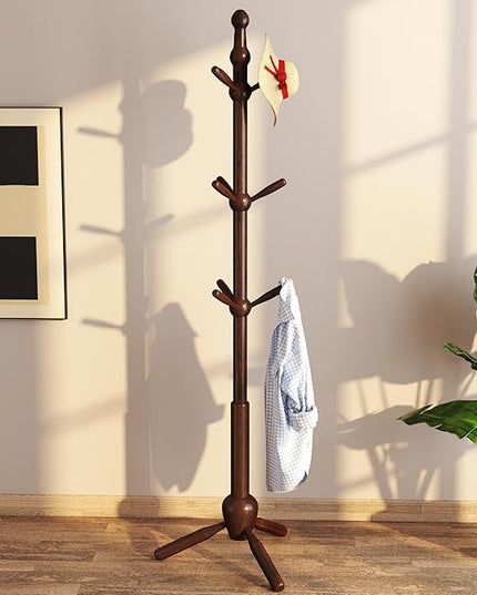 Solid Coat Rack Stand, Coat Rack Freestanding with 9 Hooks and Adjustable 3 Heights, Tree Coat Stand with Triangle Base for Entryway, Bedroom, Hallway, Wood Grain