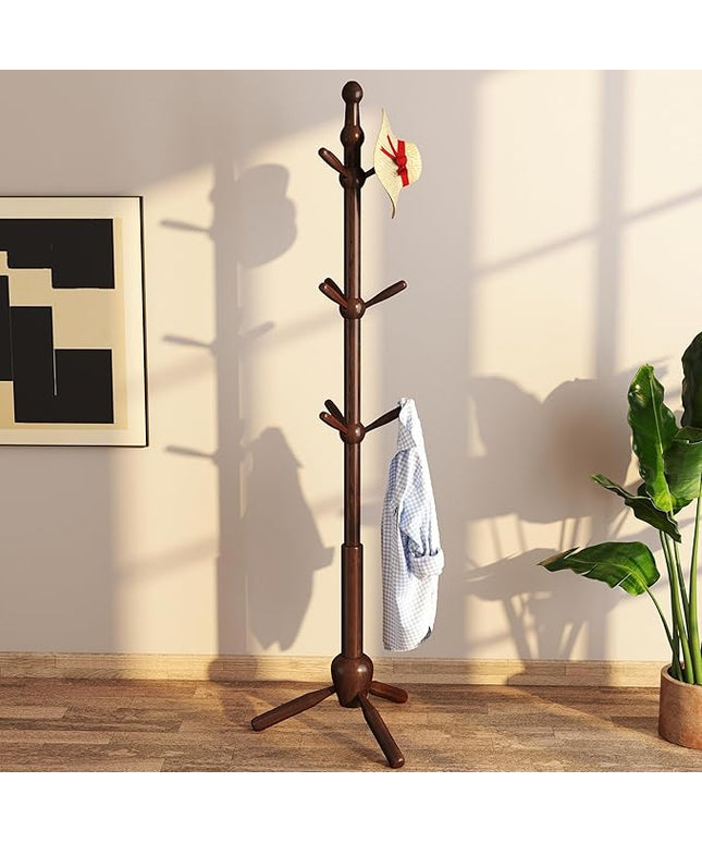 Solid Coat Rack Stand, Coat Rack Freestanding with 9 Hooks and Adjustable 3 Heights, Tree Coat Stand with Triangle Base for Entryway, Bedroom, Hallway, Wood Grain