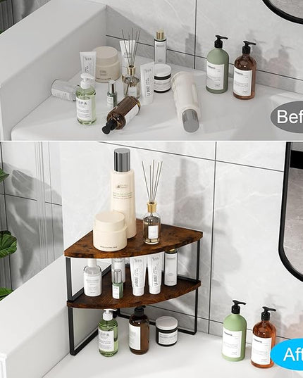 Corner Shelf Countertop Organizer - Set of 2 Corner Shelves for Kitchen Cabinet Organizer, Spice Rack, Stackable Bathroom Organizers and Storage, Sink Rack, Corner Cabinet, Counter Decor, Rustic Brown