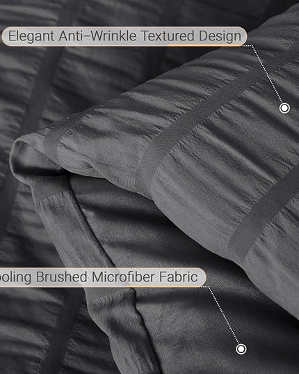 MUXHOMO 7 Pieces King Comforter Set, Seersucker Bed in a Bag King Size, All Season Luxury Bedding Set with Comforter, Flat Sheet, Fitted Sheet, Pillowcases & Shams, Dark Grey