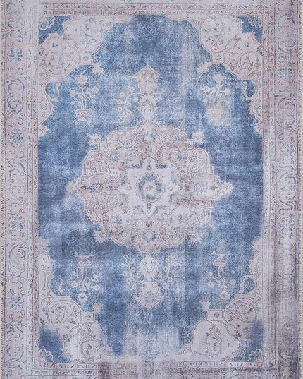 GLN Rugs Traditional Collection - Machine Washable Area Rug, Traditional Washable, Non Slip, Low Pile Chenille Rug, Living Room, Bedroom, Kitchen Rug (5'-3" x7'-5" Cream/Navy)