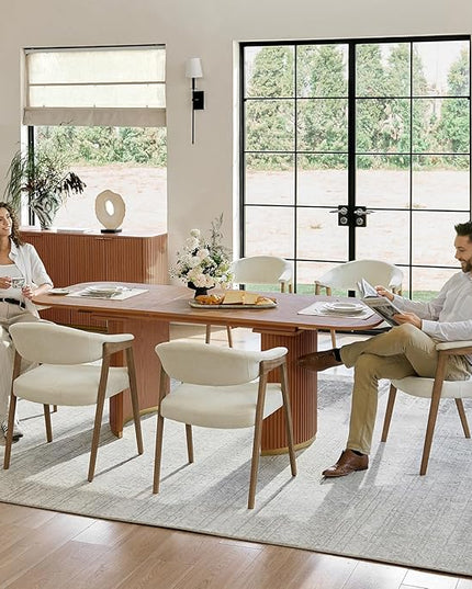Modern Extendable Dining Table, Light Oak Wood, Mid-Century Design with Hidden Extension Board, Fluted Double Column Base, Rounded Corners, for Kitchen, Living Room