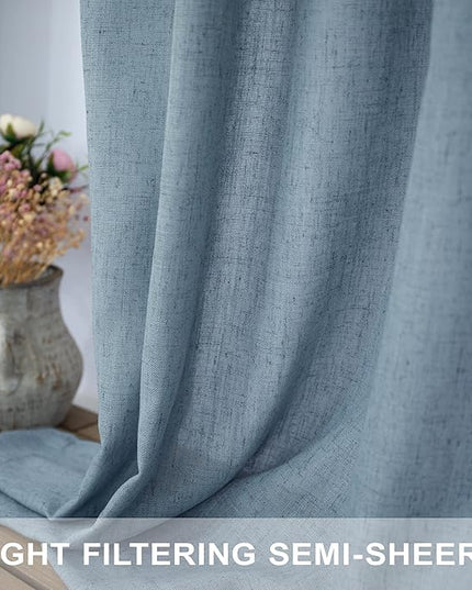 Blue Linen Curtains 84 Inch Length for Living Room 2 Panels Set Back Tab Rod Pocket Light Filtering Semi Sheer Grey Blue Curtains for Bedroom Country Farmhouse Stone Dusty Blue Gray Drapes 52x84 Long
