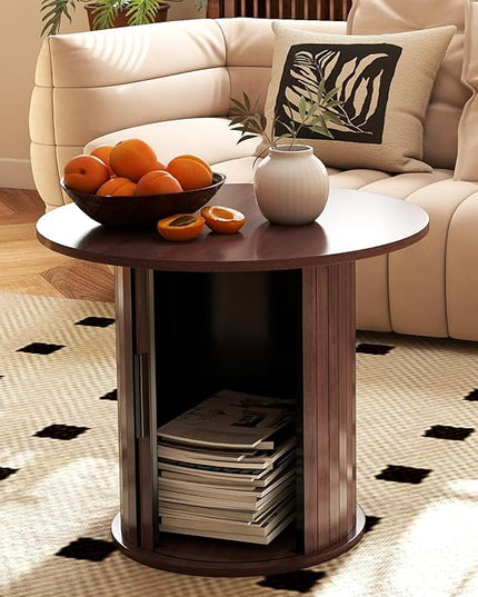 COSVALVE Round Wood Coffee Table 23.6IN with Hidden Storage & Sliding Door, Circle Farmhouse Side Table Sets for Living Room, Bedroom, Balcony, Small Spaces, Walnut