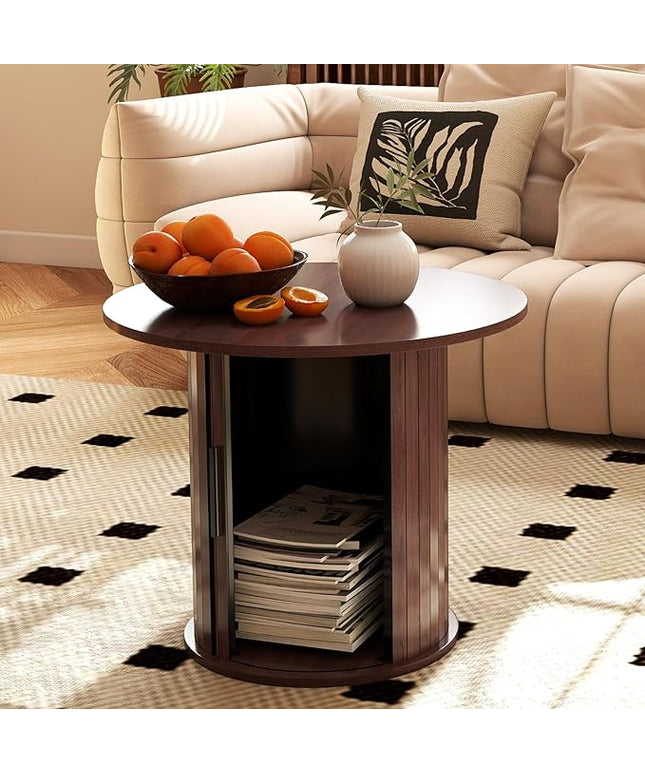 COSVALVE Round Wood Coffee Table 23.6IN with Hidden Storage & Sliding Door, Circle Farmhouse Side Table Sets for Living Room, Bedroom, Balcony, Small Spaces, Walnut
