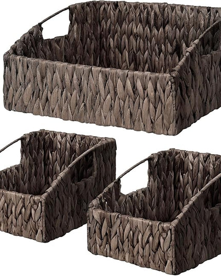 Ollieroo Natural Water Hyacinth Storage Baskets, Handwoven Wicker Storage Bins with Built-in Handles, Storage Container Baskets for Shelves, Bedroom, Bathroom, Laundry Room or Kitchen(Black)