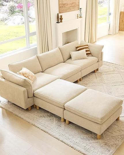 CHITA 161" Super Large Sectional Couches for Living Room, Modular Cloud Couch Sectional Sofa, Premium Fabric Couches, Down Filled, High Density Foam, Chenille in Beige, 6 Seat U Shaped