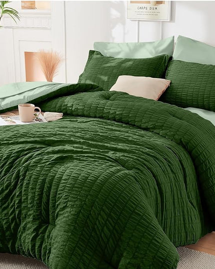 HYMOKEGE Dark Green/Sage Green King Size Comforter Set Seersucker 7 Pieces, All Season Luxury Bed in a Bag for Bedroom, Bedding Set with Comforter, Sheets, Pillowcases & Shams