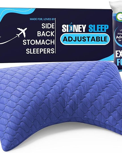 Sidney Sleep Mini Travel Size Neck Pillow - Knee, Back Lumbar and Support - Small Curved Pillow - Adjustable Fill - Washable Case - Drawstring Backpack Included - 14 x 19 Inches (Mini - Blue)