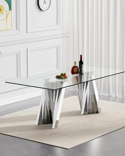 7 Piece Dining Table Set with 6 Grey Dining Chairs, Modern Glass Kitchen Table and Chairs Set for 6, 70" Rectangle Silver Glass Pedestal Dining Room Tables with Flash-Shape Stainless Steel Base
