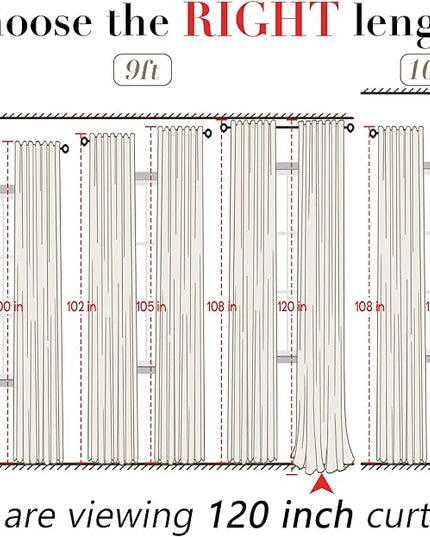 Sheer White Curtains 120 Inches Long for Living Room 2 Panels Set Hang with Clip Rings Back Tab Semi Transparentes Light Filtering Linen Cotton Blend XL Drapes Curtains Rod Pocket,50x120 in Length
