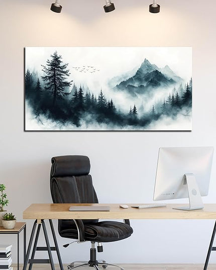 Foggy Forest Wall Art White Wall Decor Black Canvas Mountain Pictures Large Nature Artwork for Living Room Bedroom Dining Room Office 29" x 59"