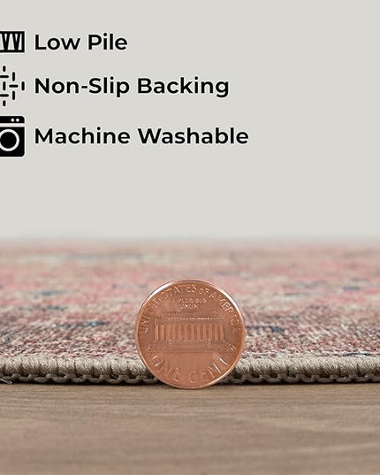 GLN Rugs Traditional Collection - Machine Washable Area Rug, Traditional Washable, Non Slip, Low Pile Chenille Rug, Living Room, Bedroom, Kitchen Rug (2'6"x7' Pink Vintage)