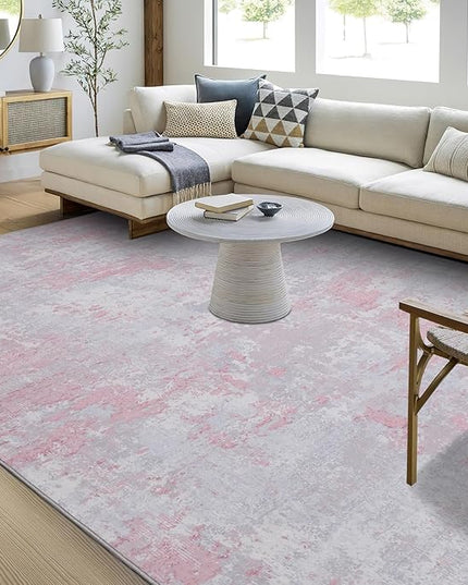 Modern Abstract Area Rug 9x12 Non Slip Non Shedding Rug Low Pile Stain Resistant for Bedroom Living Room,Grey Pink