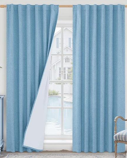 LAMIT Blue 100% Blackout Linen Curtains, 84 Inch Linen Textured Living Room Farmhouse Curtains Room Darkening Back Tab and Rod Pocket Burlap Neutral Panels with White Liner, 2 Panels, 52 x 84 Inch