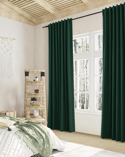 Guken Dark Green Blackout Curtains 100 Inch Length 2 Panels Set for Living Room Bedroom Back Tab Thermal Insulated 100% Black Out Linen Drapes Christmas Decor 52x100 Long