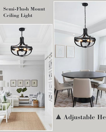 16.73" Black Farmhouse Light Fixtures, 5-Lights Vintage Cage Chandeliers Round Pendant Light for Dining Room Entryway Kitchen Island Living Room Hallway Foyer