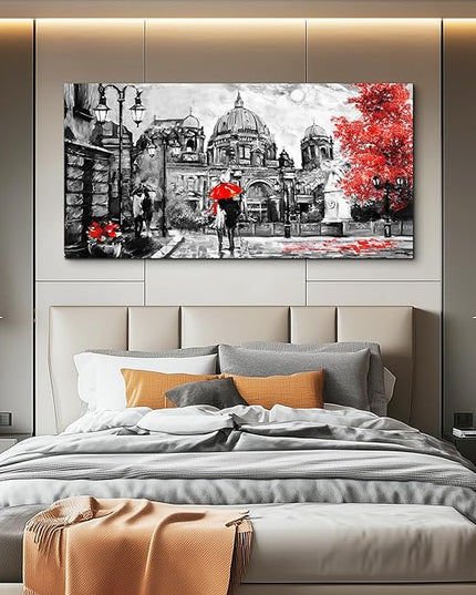 Black and White Buildings and Lovers Holding Umbrellas Under Street Lamps Canvas Art Print Artwork Wall Art for Living Room bedroom Wall Decor，Modern Home Decor Watercolor wall painting decoration