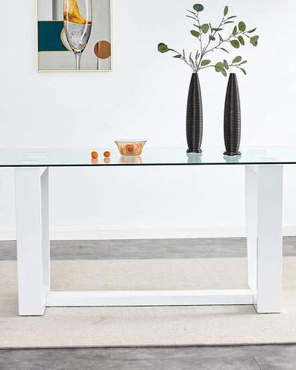 Ebullient Glass Dining Table, Modern Dining Table, 63" Tempered Glass Tabletop with White MDF Trapezoid Legs, Rectangle Kitchen Table for 4-6 Person, Ideal for Kitchen, Dining Room, Home, Apartment