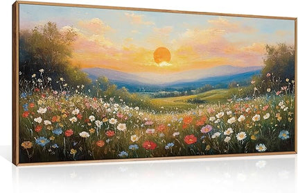 HOURIA Watercolor Sunset Floral Meadow Landscape Framed Canvas Wall Art Set,Boho Vibrant Colorful Wildflower Decor,Modern Nature Inspired Scenery Artwork for Living Room,Bedroom,Farmhouse-20 x40 x1