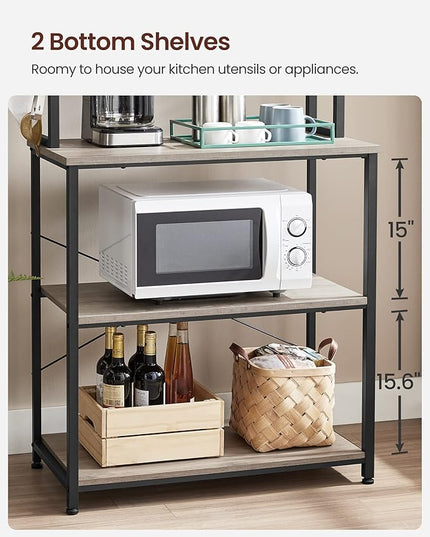 VASAGLE Coffee Bar, 31.5 Inches Baker's Rack for Kitchen with Storage, 6-Tier Kitchen Shelves with 6 Hooks, Microwave Stand, Industrial, Heather Greige and Ink Black UKKS019B02