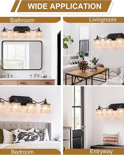 Bathroom Vanity Light Fixtures, 4-Light Vintage Matte Black Vanity Lights with Crystal Glass Shades, Farmhouse Bathroom Lighting Fixtures Over Mirror for Bathroom Bedroom Hallway