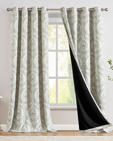 jinchan Blackout Curtains 96 Inches Long Sage Green Damask Medallion Window Curtains for Bedroom Grommet Thermal Insulated Drapes for Living Room Vintage Luxury Window Treatments Set 2 Panels