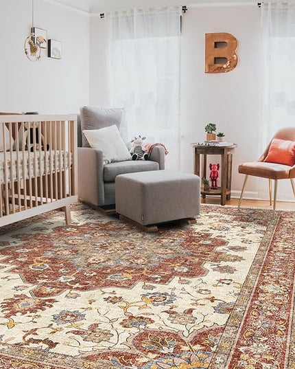 Washable Oriental Area Rug - 8x10 Rugs for Living Room Soft Carpet for Bedroom Waterproof Floral Distressed Indoor Stain Resistant Non-Shedding Floor Carpets (Red, 8x10)