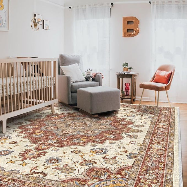 Washable Oriental Area Rug - 8x10 Rugs for Living Room Soft Carpet for Bedroom Waterproof Floral Distressed Indoor Stain Resistant Non-Shedding Floor Carpets (Red, 8x10)