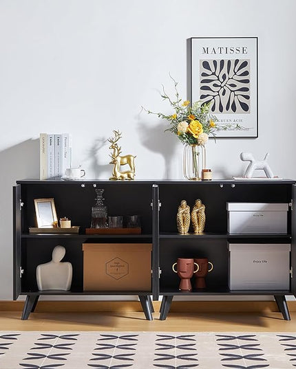 Modern Sideboard Buffet Cabinet Console Table, Accent Storage Cabinets Credenza Buffer Cabinet with 4 Fluted Doors for Kitchen Dining Living Room Entryway(Black)