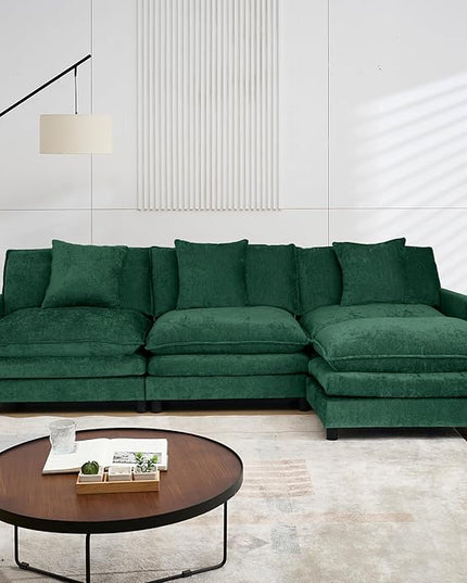 Modular Sectional Sofa,Modern Sofa Sleeper Couch,3 Seat & 1 Ottoman,Comfy Cloud Couches Soft Chenille Sofa Set with Movable Ottoman Deep Seat Sofa for Living Room (Green, L Shaped)