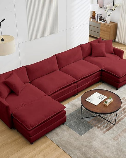 Modular Sectional Sofa,143.31'' Modern Sofa Sleeper Couch,Comfy Cloud Couches with 4 Seat & 2 Ottoman & 4 Pillows Sofa Set,Deep Seat Sofa with Movable Ottoman for Living Room,Chenille (Red, U Shaped)