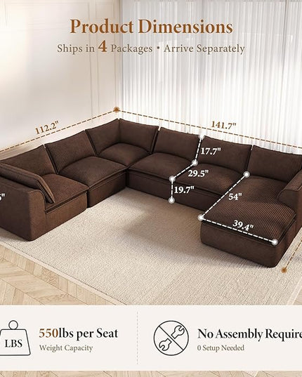 Vesgantti 141.7" Oversized Boneless Sectional Couch, Modern 7 Seater Modular Sofa with Chaise, Deep Seat Convertible Corduroy Cloud Couches for Living Room, No Assembly Required, Dark Brown