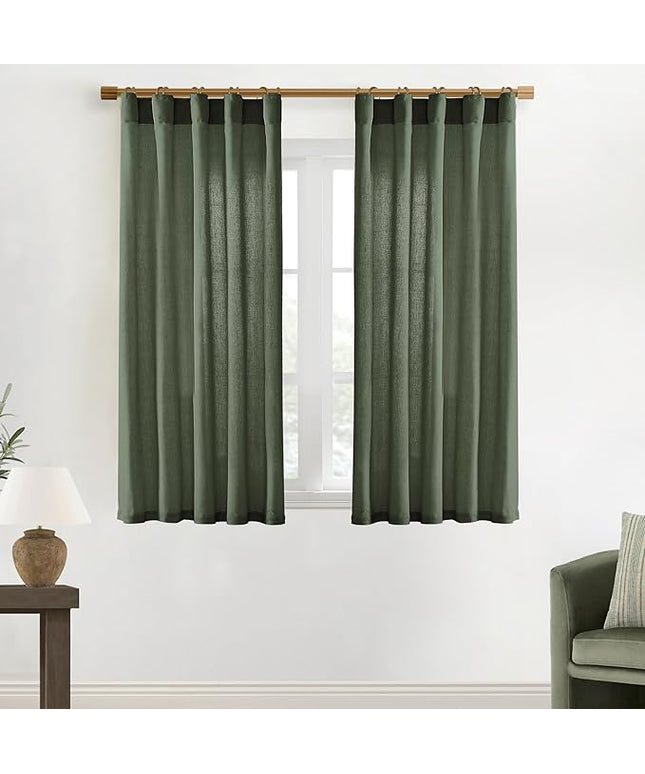 XTMYI Short Curtains for Bedroom,Pole Pocket Back Tab Linen Boho Small Curtain for Kitchen Shower Bathroom Window,54 Inch Length,Dark Olive Green