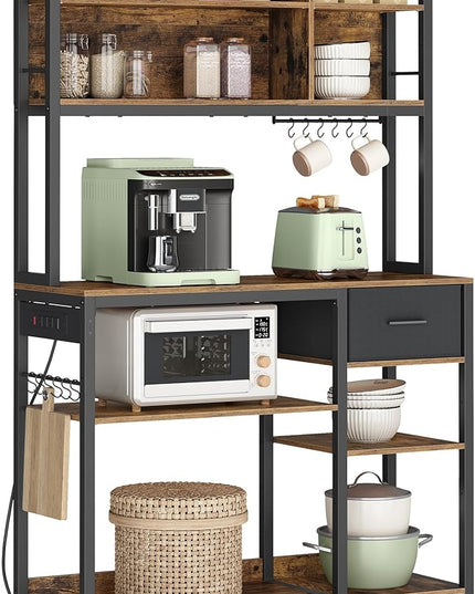 VASAGLE Bakers Rack with Charging Station, Coffee Bar, 15.7 x 39.4 x 71 Inches, Kitchen Microwave Stand, Adjustable Storage Shelves, Fabric Drawer, 12 Hooks, Rustic Brown and Ink Black UKKS027K01