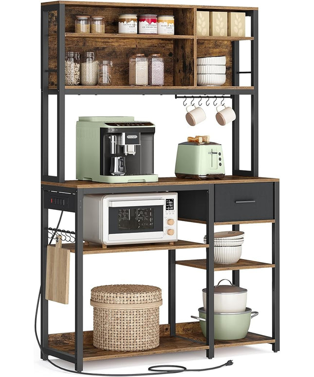 VASAGLE Bakers Rack with Charging Station, Coffee Bar, 15.7 x 39.4 x 71 Inches, Kitchen Microwave Stand, Adjustable Storage Shelves, Fabric Drawer, 12 Hooks, Rustic Brown and Ink Black UKKS027K01