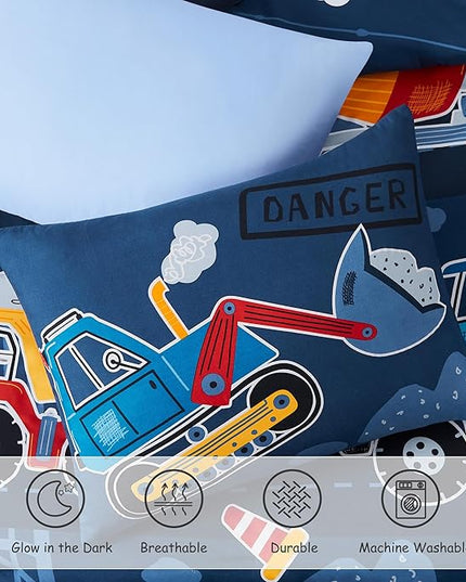 Full Size Comforter Set for Boys-7 Pieces Truck Tractor Excavator Glow in The Dark Full Bedding Sets for Kids, Ultra Soft Bed in A Bag with Sheets