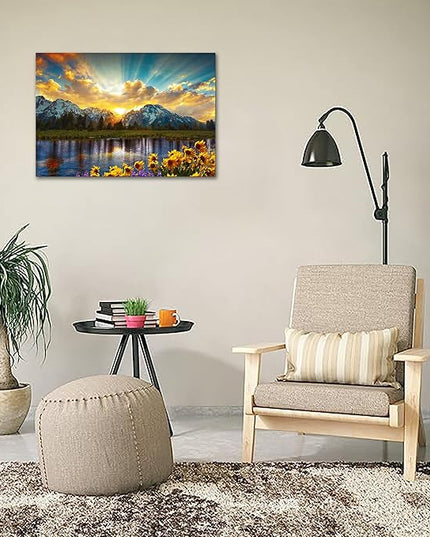 SKASNFAI Grand Teton National Park Wall Art Sunflower Landscape Canvas Mountain Artwork Landscape Print for Living Room Framed (20x30 inch)