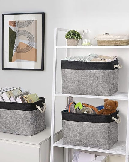 TheWarmHome Storage Basket for Organizing - 16x12x12 inch Cube Storage bin 3 Pack Fabric Storage Cubes, Collapsible Storage Box for Organizer Cloth Gift Toy Closet (Black & Grey)