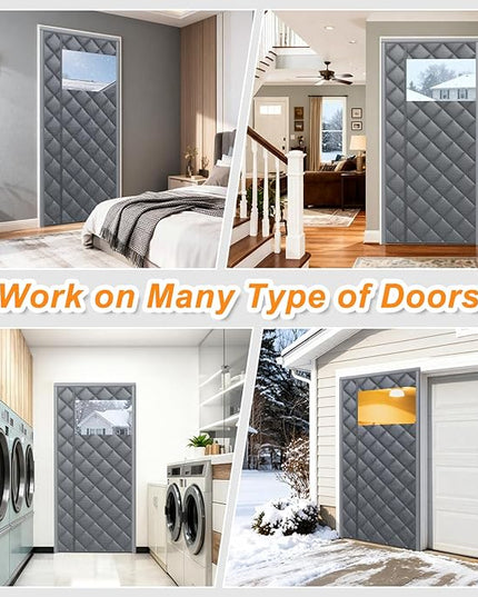 Magnetic Thermal Insulated Door Curtain Fit 30" X 80" with Clear Window, Thermal Door Cover for Winter, Thicken Oxford Cloth and Cotton Automatic Folding Insulation Cover Blanket for Winter