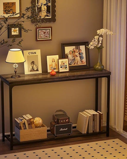 47" Console Table with Storage, 2 Tier Narrow Entryway Table, Sofa Table with Mesh Shelves, Console Tables for Living Room, Bedroom, Hallway, Entryway, Foyer, Oak Grey