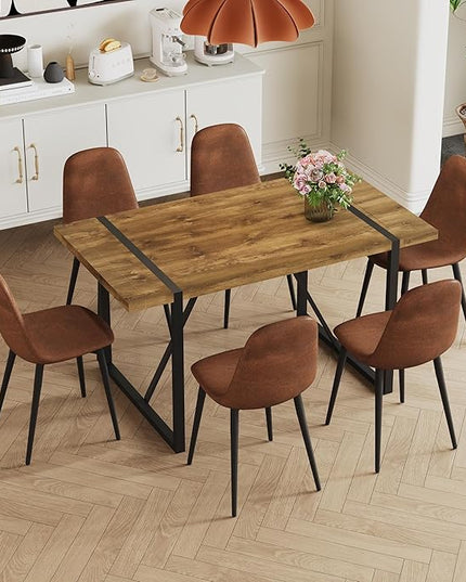 Dining Table Set for 6, Modern 55'' Dark Wood Dining Table and Fabric Dining Chairs Set of 6,Table and Chairs Set of 6,Ideal for Kitchen Dining Room
