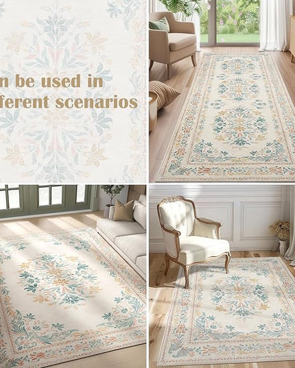 jinchan Hallway Runner Rug 2x10 Vintage Floral Distressed Design - Machine Washable Non-Slip Low-Pile Soft Thin Faux Wool Kitchen Carpet for Farmhouse Bedroom Laundry Room(2x10ft, Apricot Multi)