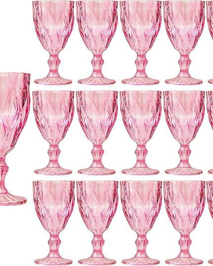 16 Pack Vintage Wine Glasses, Plastic Reusable 12 Ounce Colored Water Goblets, Unique Embossed Pattern Unbreakable Stemmed Wine Glasses, High Clear Wedding Party Bar Drinking Cups Pink